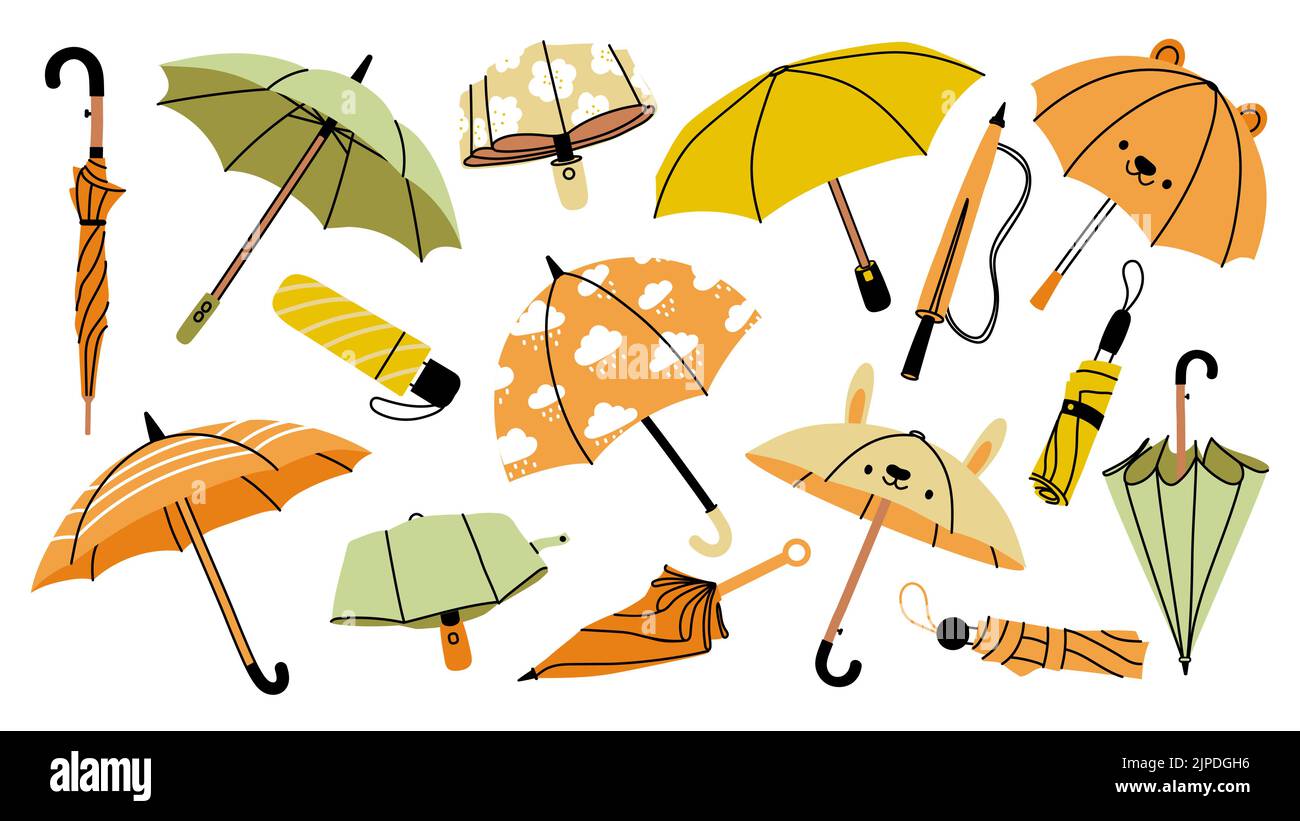 Paraguas de otoño. Chicatura impermeables sombrillas y botas de lluvia para clima frío lluvioso, colorido plegado y abierto de temporada. Diseño aislado vectorial Ilustración del Vector