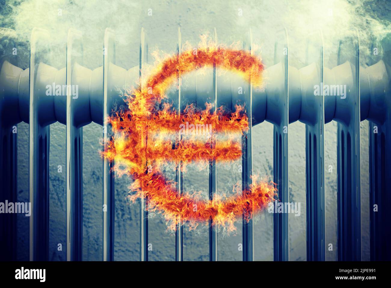 Euro Signo de llamas delante de un calentador, Símbolo de foto para el aumento de los costes de calefacción Foto de stock