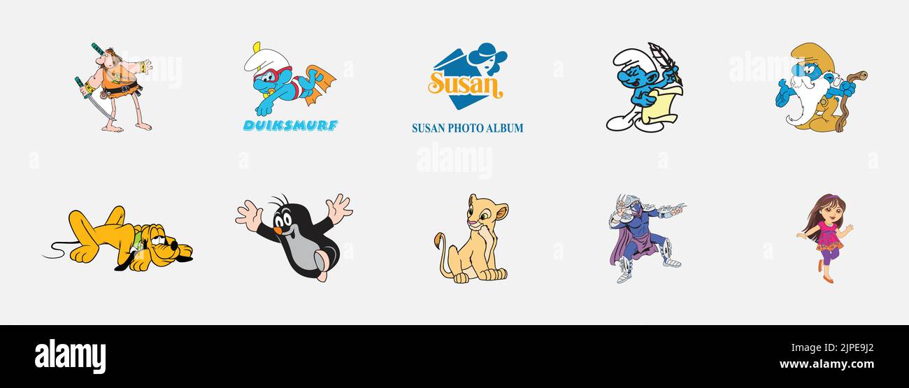Logotipo de las tortugas ninja, logotipo de Krtek, logotipo de Susan Photo Album, logotipo de Smurf, logotipo de Smurf Grandfather, logotipo de Diving Smurf, logotipo de Groo, Logotipo de Nala, Artes y Diseño B Ilustración del Vector