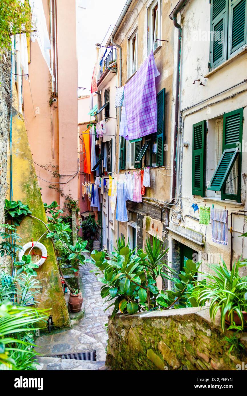 Callejuelas estrechas, casas coloridas con lavado colgaban a secar en Vernazza, Cinque Terre, La Spezia, Italia Foto de stock