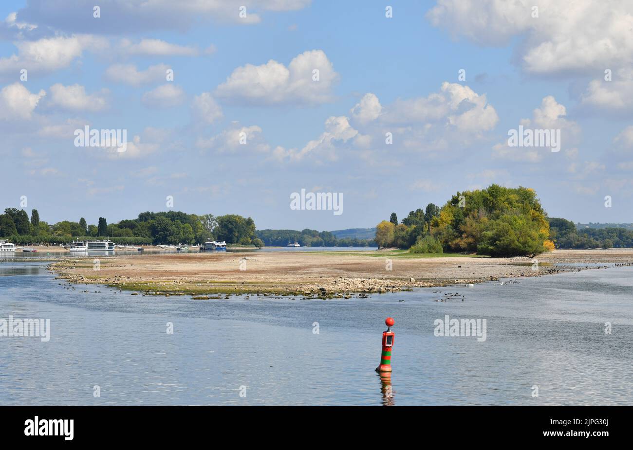 Berlín, Alemania. 16th de Ago de 2022. Foto tomada el 16 de agosto de 2022 muestra el río Rin en Ruedesheim, Alemania. El nivel de agua del río Rin ha disminuido debido a las altas temperaturas y a la sequía. Crédito: REN Pengfei/Xinhua/Alamy Live News Foto de stock