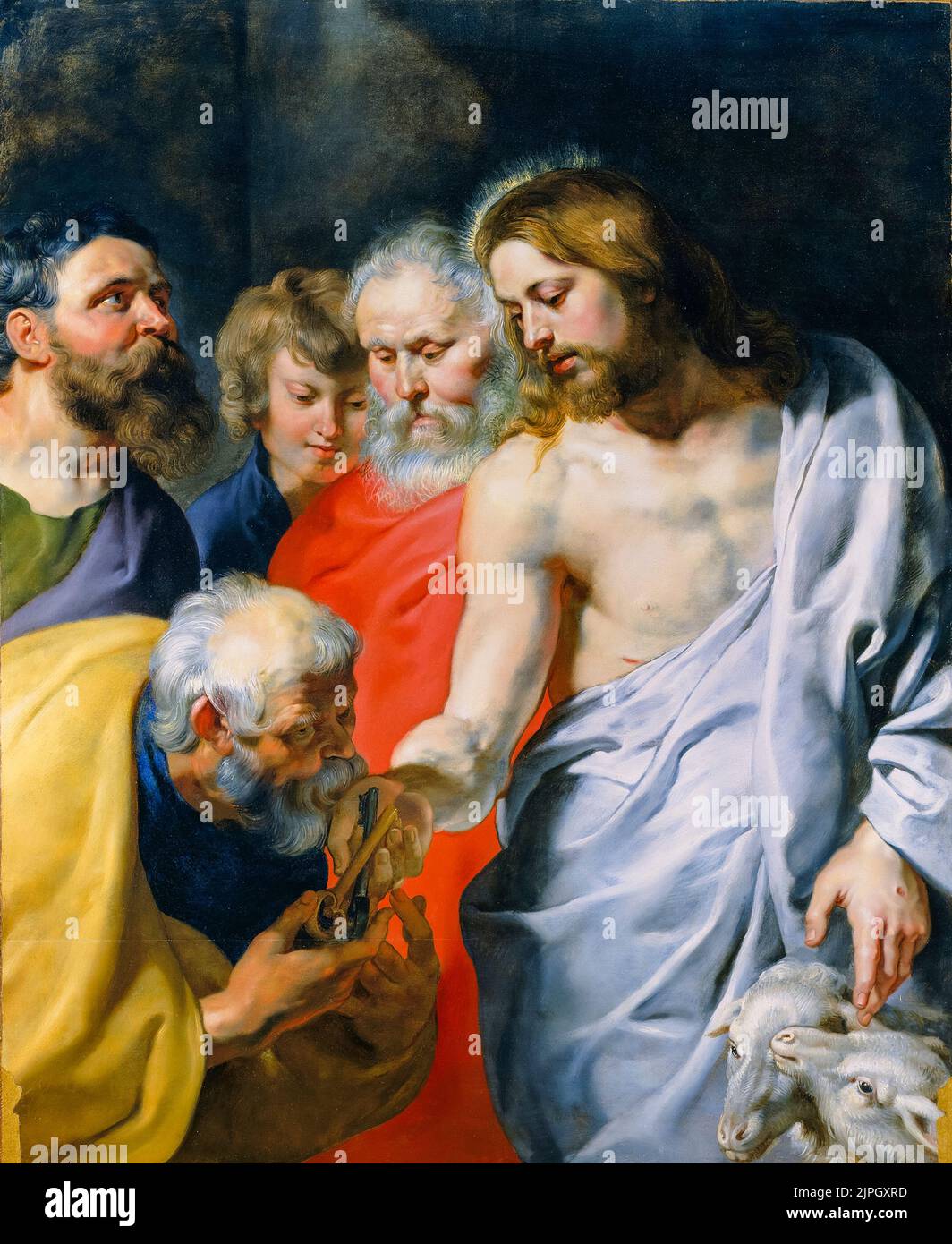 El encargo de Cristo a Pedro, pintando al óleo sobre el panel por Peter Paul Rubens, alrededor de 1616 Foto de stock
