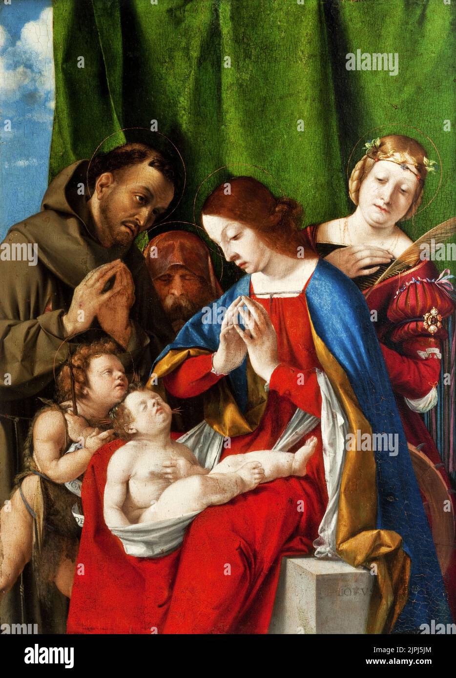 La Adoración del Niño, (c. 1508), Pintura de Lorenzo Lotto Foto de stock