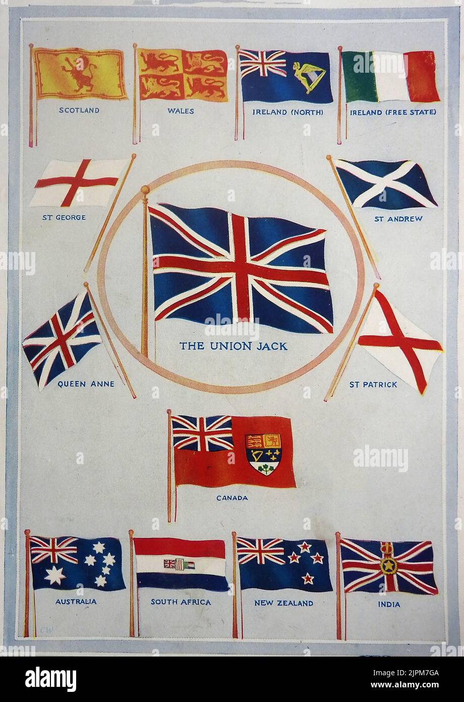 Una carta de identificación de colores tempranos que muestra las banderas del Imperio Británico Foto de stock