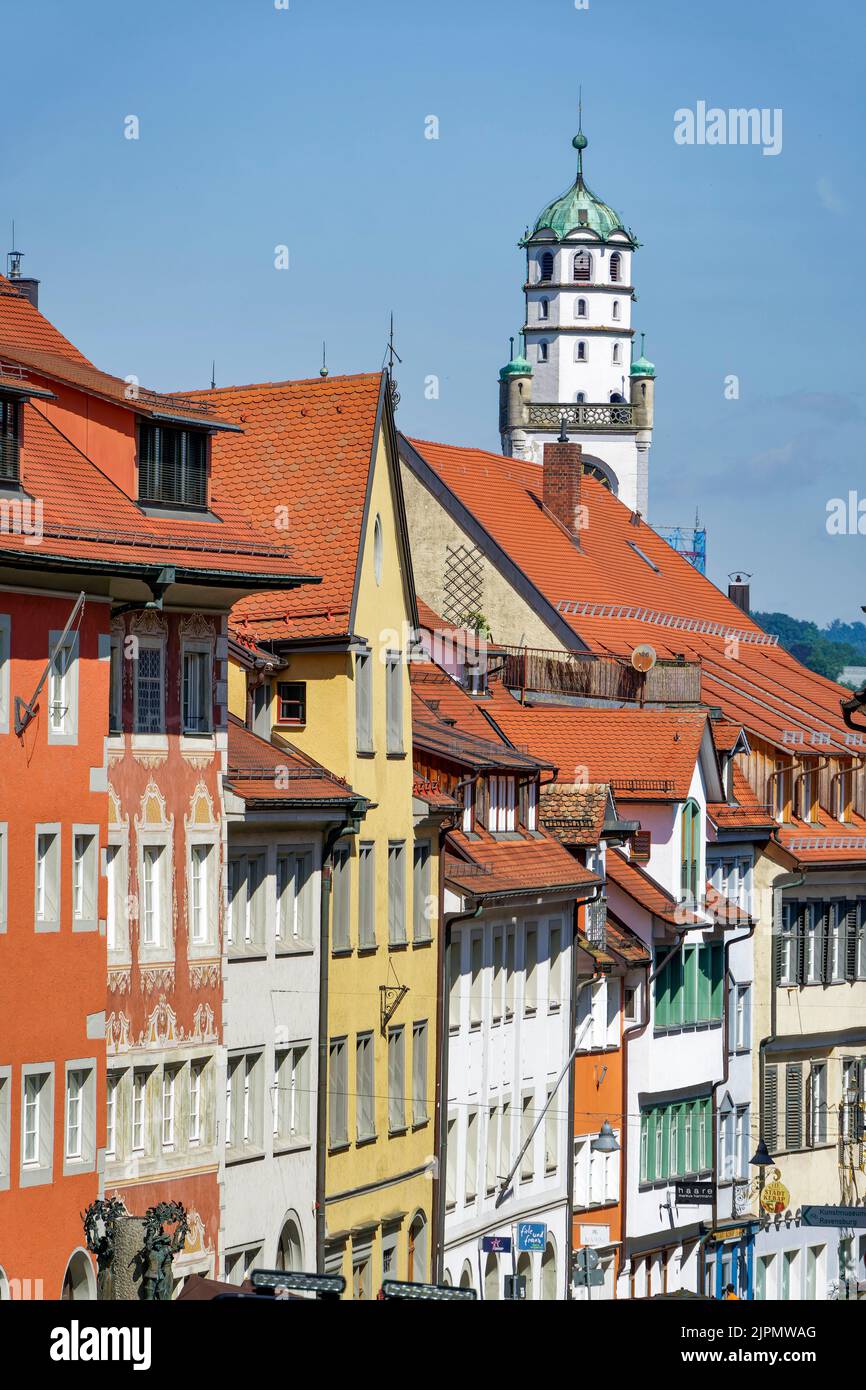 Blaserturm, Altstadtfassaden, Marktgasse, Ravensburg, Oberschwaben, Baden-Württemberg, Alemania, Europa Foto de stock