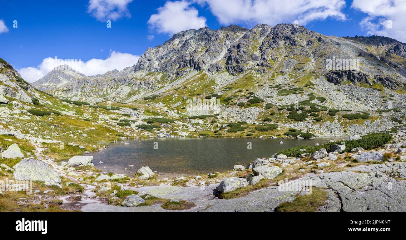 Hermoso paisaje de lago de montaña panorámica, Pleso nad Skokom, Vodopad Skok, Vysoke Tatry, Altos Tatras - Eslovaquia, Europa. Fondo de pantalla HD, 4K fondo verde Foto de stock