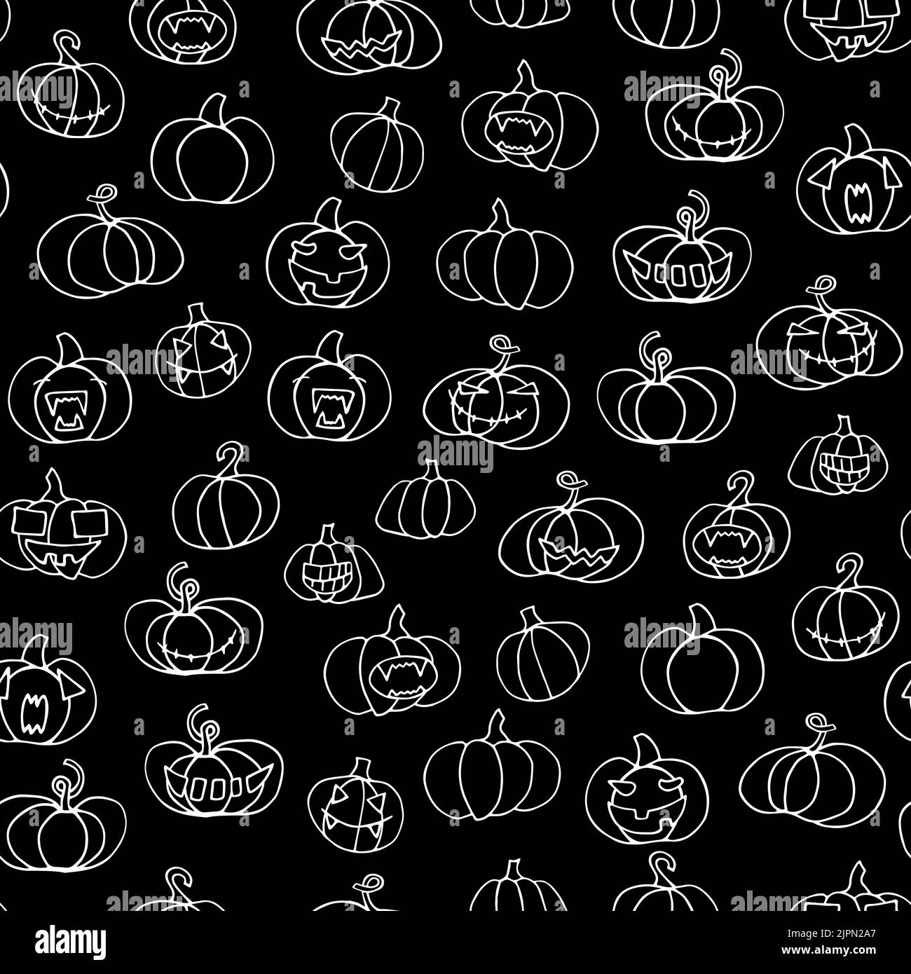 Diseño de calabazas terroríficas de Halloween sin costuras. Contorno divertido, espeluznante, cara sonriente sobre fondos negros. Personajes de otoño de doodle. Símbolo de Halloween feliz. Ilustración del Vector