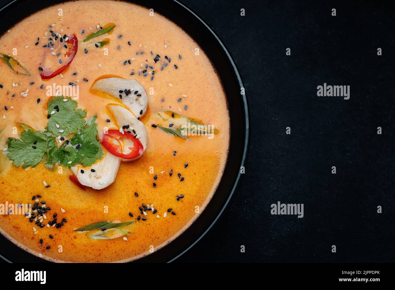 Sopa tailandesa en un plato con pollo sobre piedra negra sobre hormigón gris Foto de stock