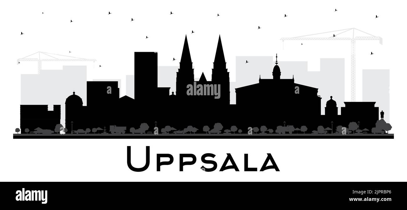 Uppsala Suecia Ciudad silueta con edificios negros aislados sobre blanco. Ilustración de vectores. Paisaje urbano de Uppsala con Monumentos. Ilustración del Vector