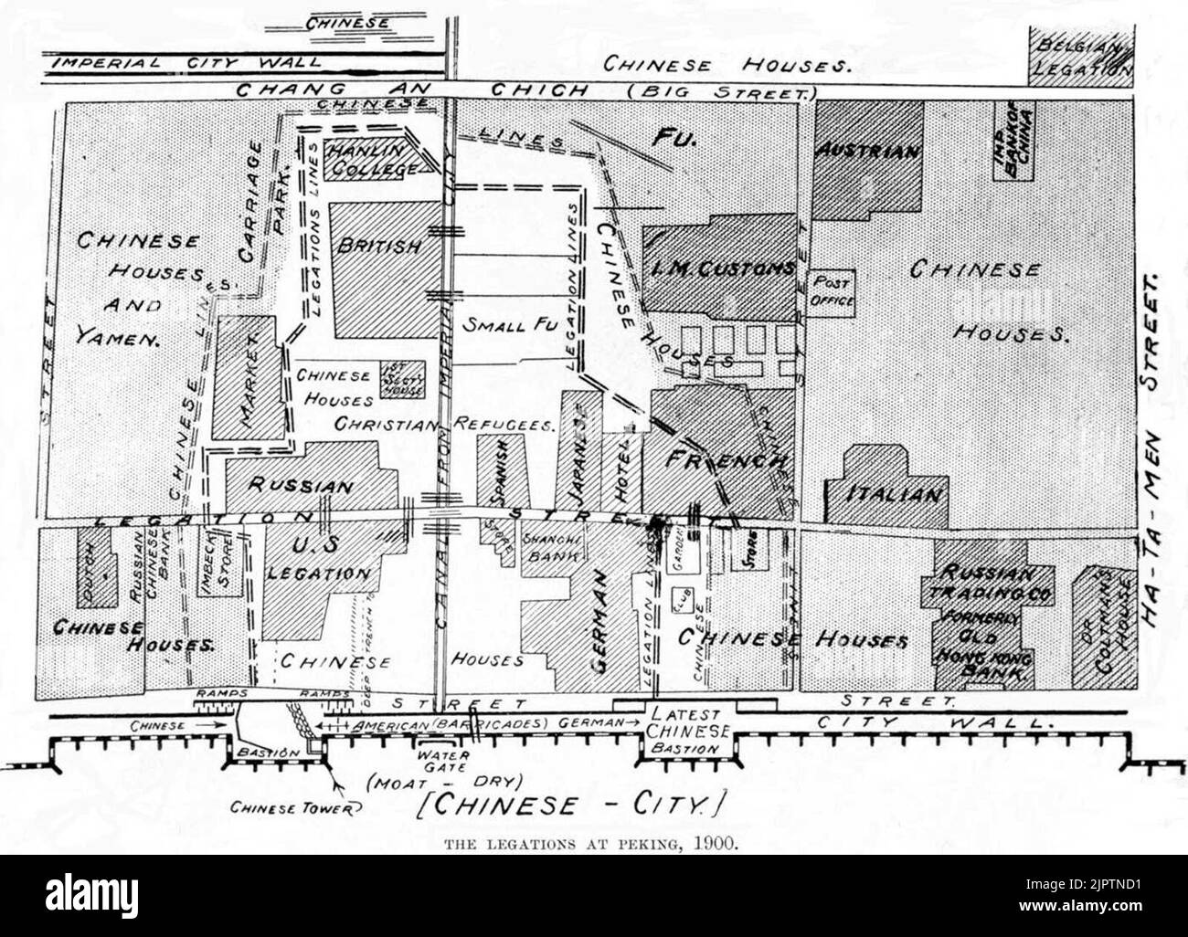 Diagrama que muestra la ubicación de las legaciones diplomáticas extranjeras en Pekín durante el sitio Boxer, 1900 Foto de stock