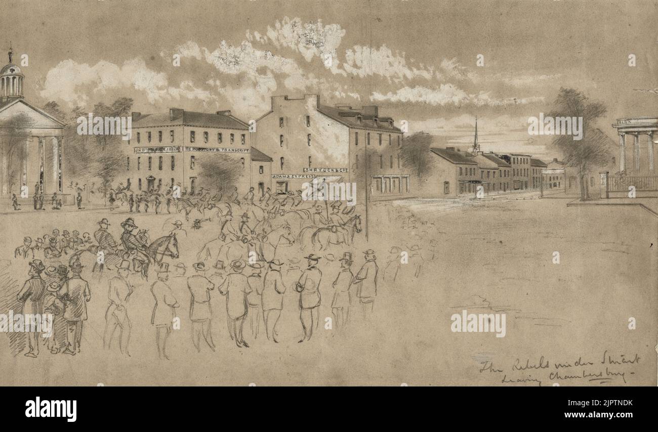 Los rebeldes bajo Stuart dejando Chambersburg, 1862 de octubre Foto de stock