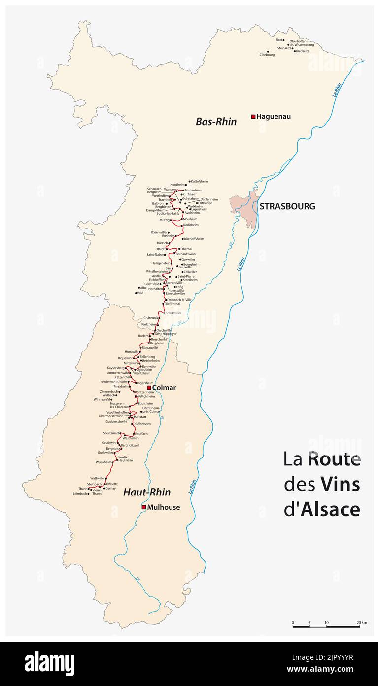 Mapa vectorial de la Ruta del Vino de Alsacia, Francia Foto de stock
