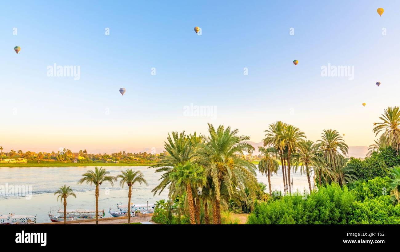 Balones de aire caliente levantándose a primera hora de la mañana desde la orilla oeste de Luxor, Egipto Foto de stock