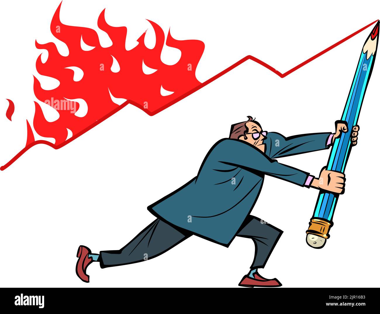 un hombre de negocios dibuja un horario de la quema de la carta de ventas con un lápiz grande, concepto de indicadores económicos Ilustración del Vector