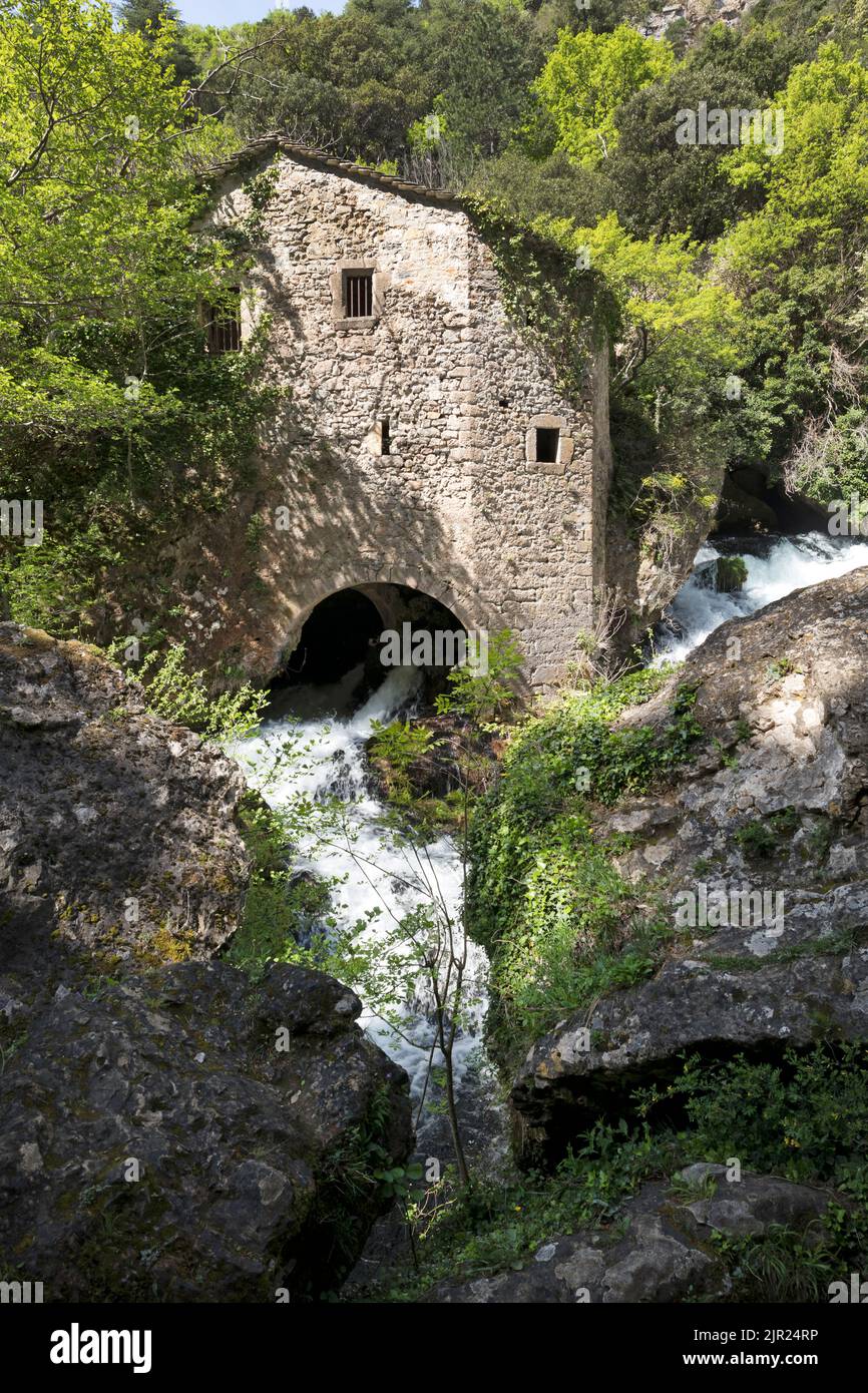 El Moulin de la Foux en el resurgimiento del río Vis cerca de Vissec, Languedoc-Rosellón, Francia Foto de stock