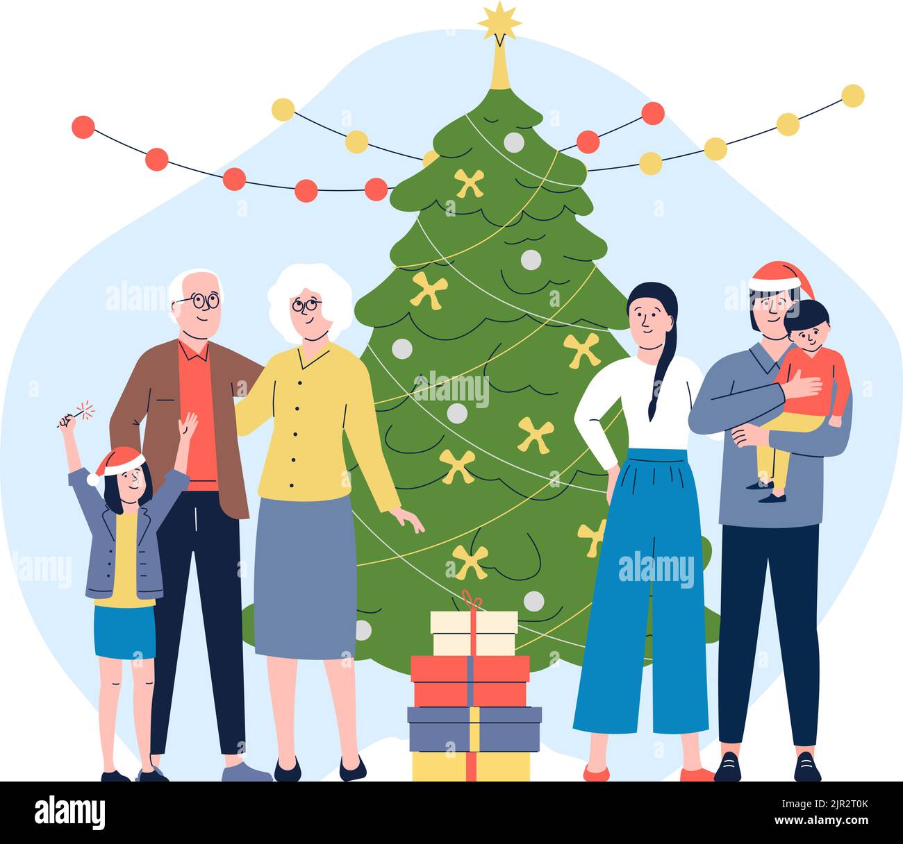 Familia en el árbol de navidad. Foto tradicional navideña con abuela, niños y adultos. Dibujos animados año nuevo fiesta en casa concepto. Invierno plano vector reciente Imagen Vector de stock - Alamy Familia en el árbol de navidad. Foto tradicional navideña con abuela, niños y adultos. Dibujos animados año nuevo fiesta en casa concepto. Invierno plano vector reciente Imagen Vector de stock - Alamy