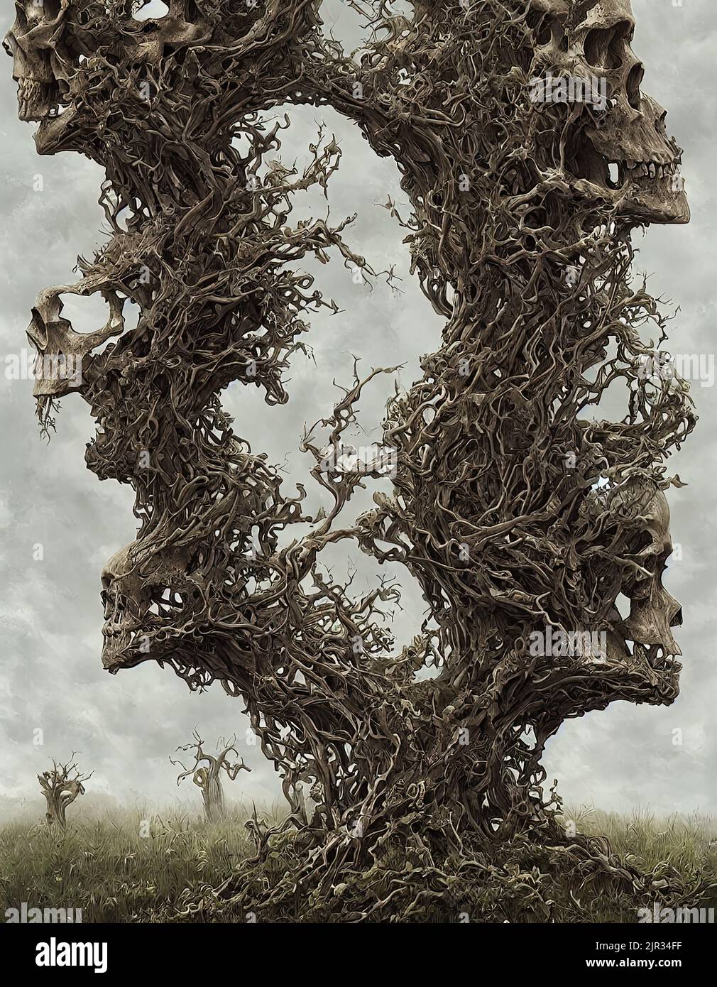 representación en 3d de un árbol de cráneo humano de fantasía aterradora con miembros enrarecidos Foto de stock