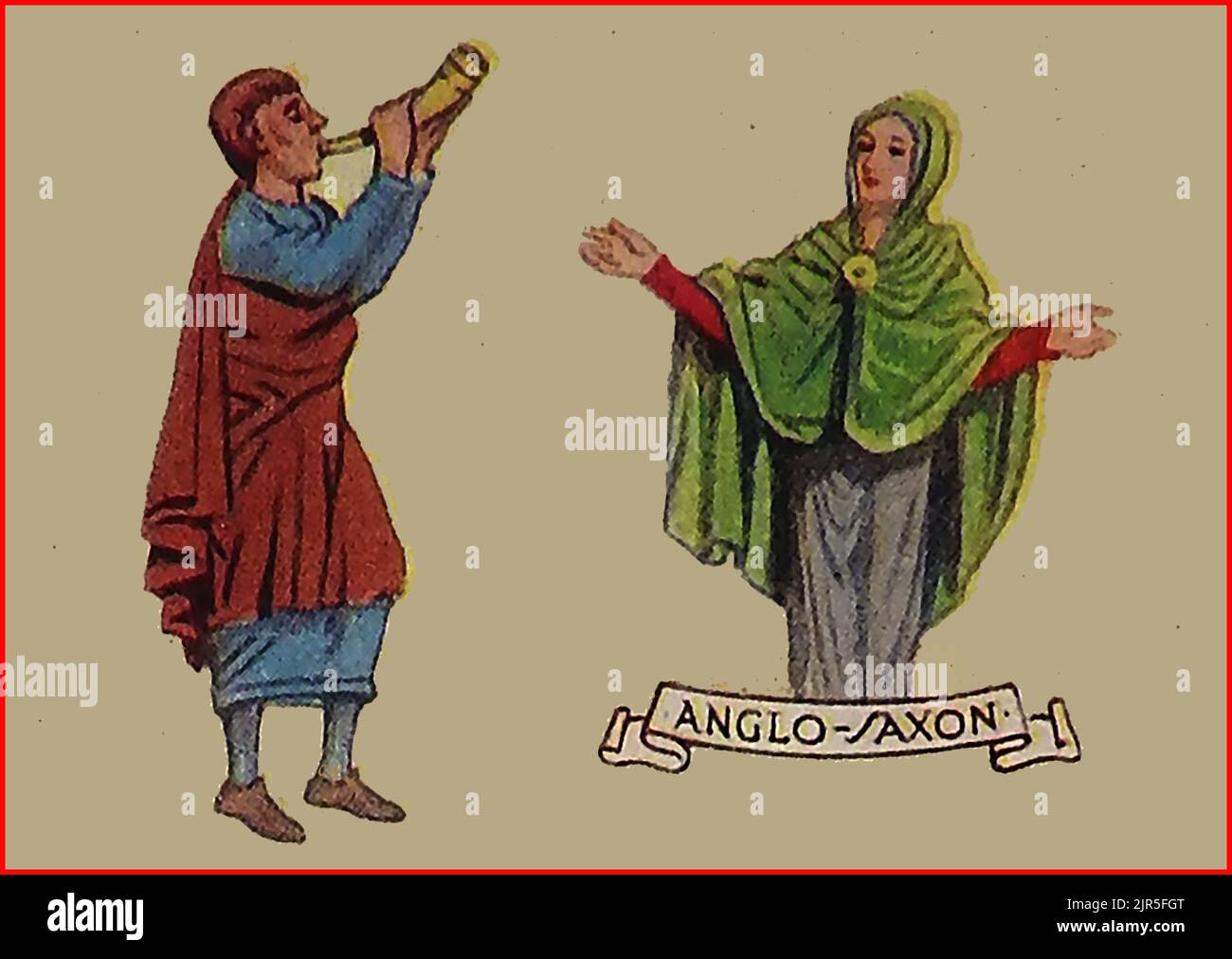 MODAS EN GRAN BRETAÑA - una vieja imagen coloreada que muestra la ropa típica en la época anglosajona. Foto de stock