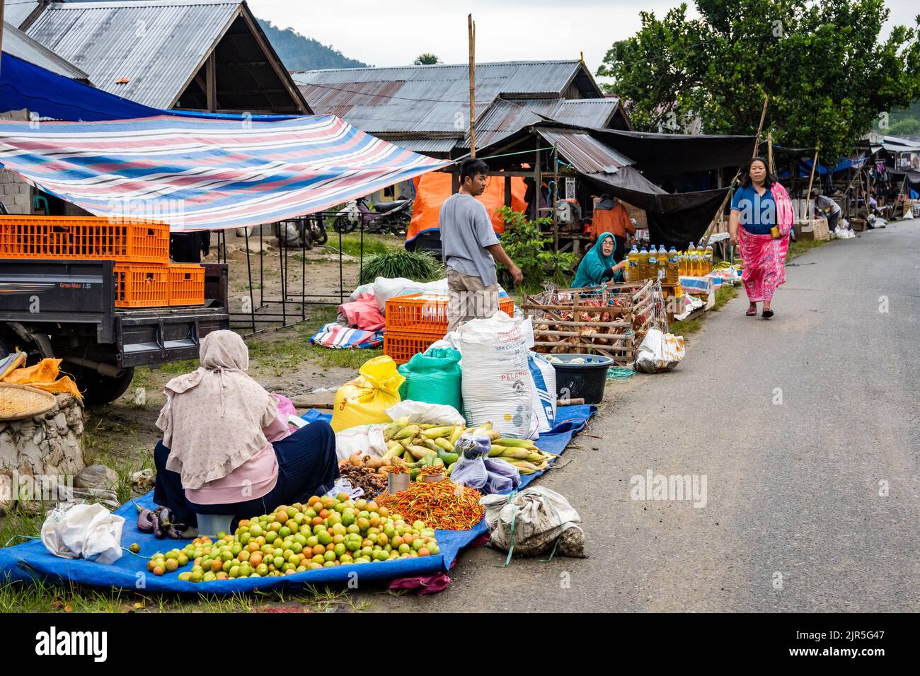 Vendedores y compradores en un mercado del pueblo. Sulawesi, Indonesia. Foto de stock