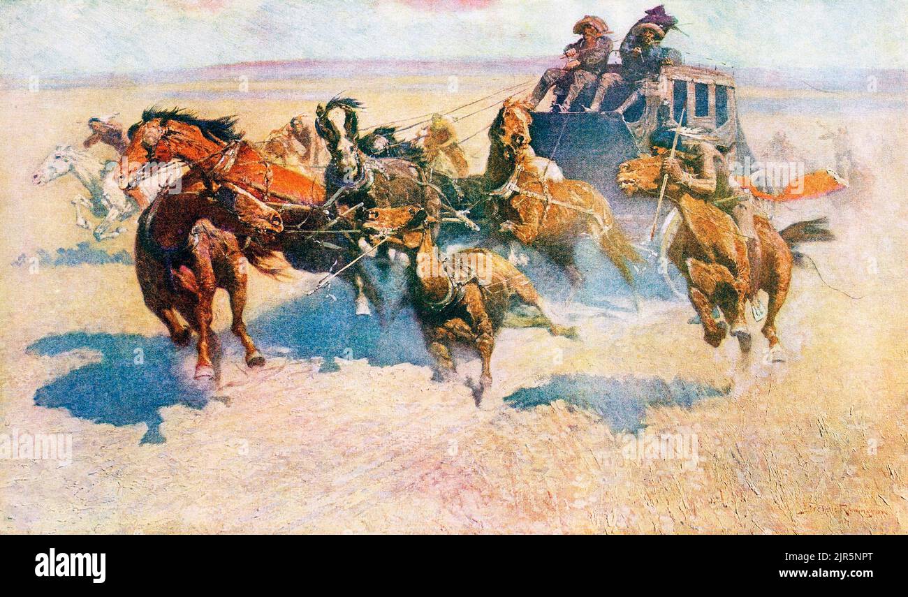 Derribo del Cabezal Alto. Después de una obra del artista estadounidense Frederic Sackrider Remington, 1861 – 1909. Los hombres en diligencia tratan de luchar contra el ataque indio. Un indio trata de matar al caballo de plomo. Foto de stock