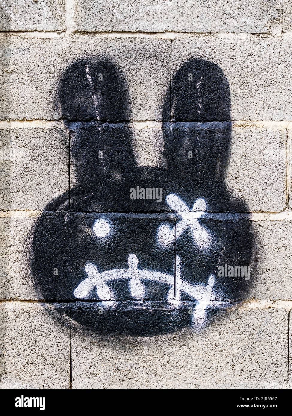 Etiqueta / ilustración de pintura en aerosol de cara de conejo en la pared - Limoges, Haute-Vienne (87), Francia. Foto de stock