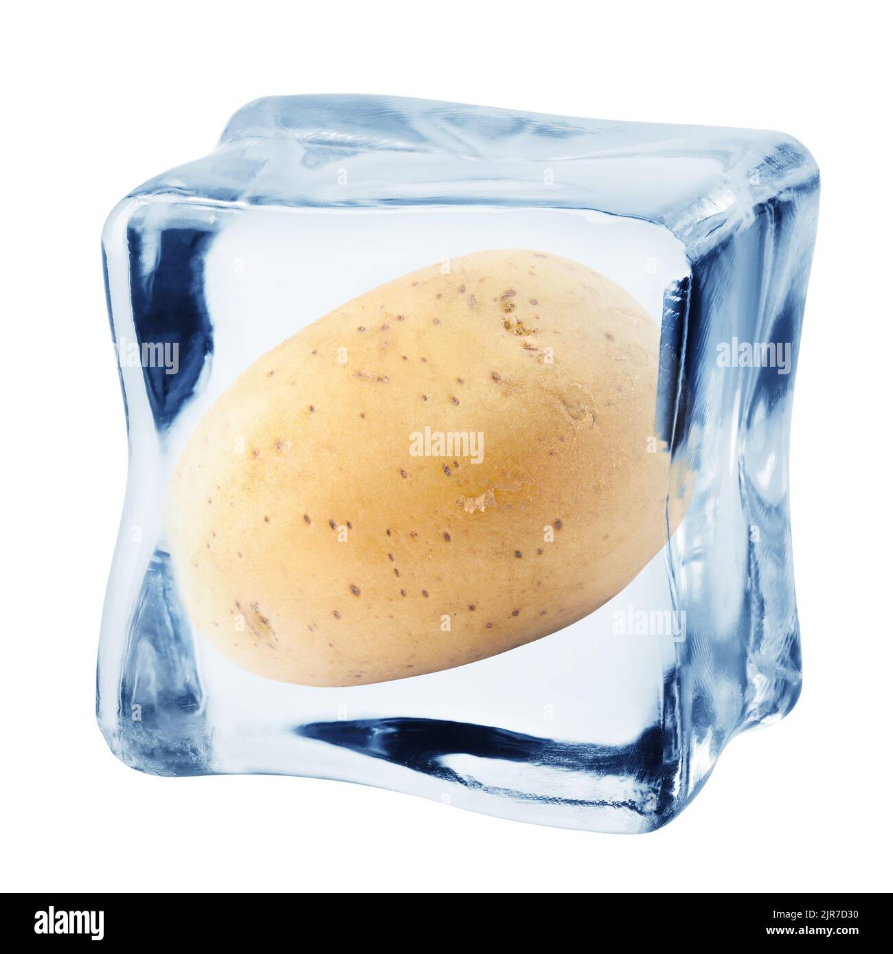 patata en cubo de hielo, aislada sobre fondo blanco, camino de corte, profundidad de campo completa Foto de stock