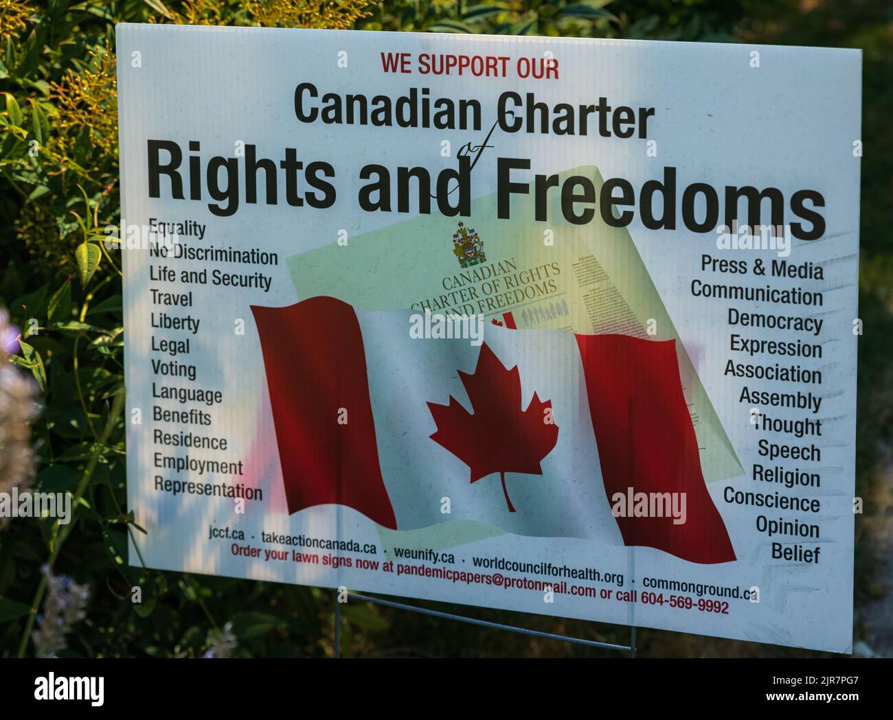 Un tablero de signos de una Carta Canadiense de Derechos y Libertades