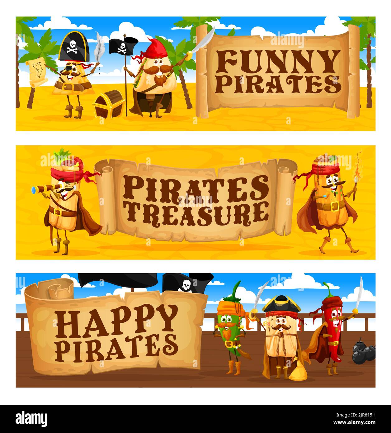 Dibujos animados Piratas de comida mexicana y personajes corsarios. Banderas vectoriales de