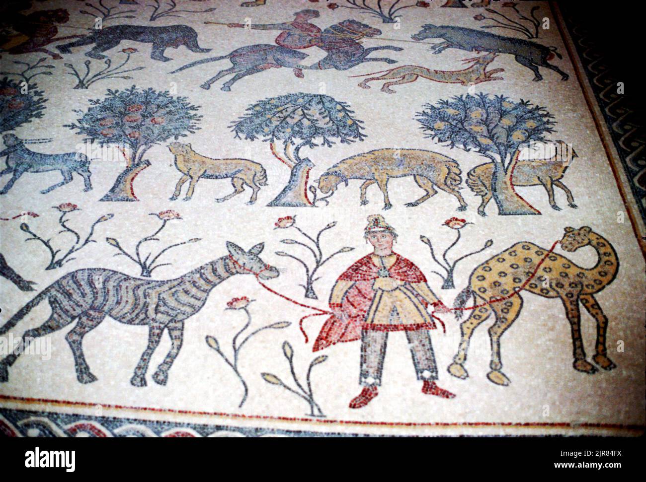 Antiguo piso de mosaico romano en Madaba, Jordania, en 1985 Foto de stock