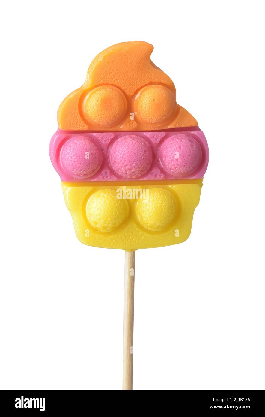 Vista frontal del colorido pop it fidget lollipop aislado sobre blanco Foto de stock