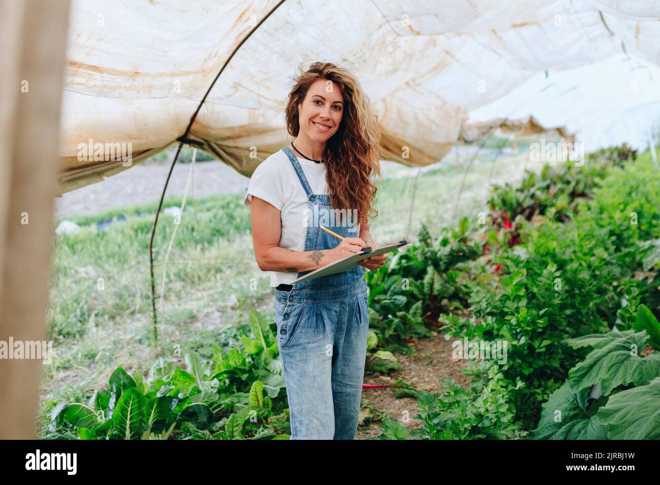 Trabajador de granja feliz con portapapeles tomando inventario de verduras en el invernadero Foto de stock