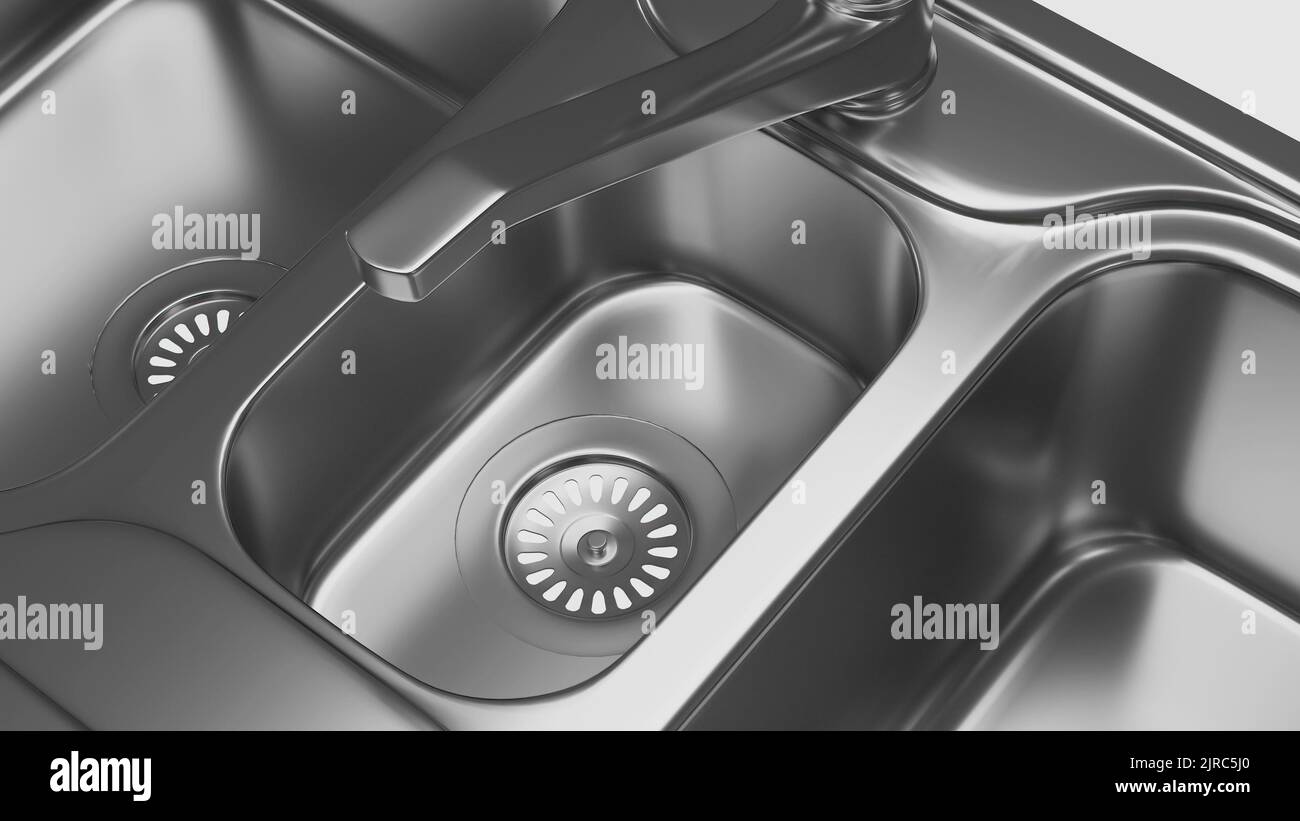 Fregadero metálico triple de la cocina - primer plano vista - modelo de renderizado 3D Foto de stock