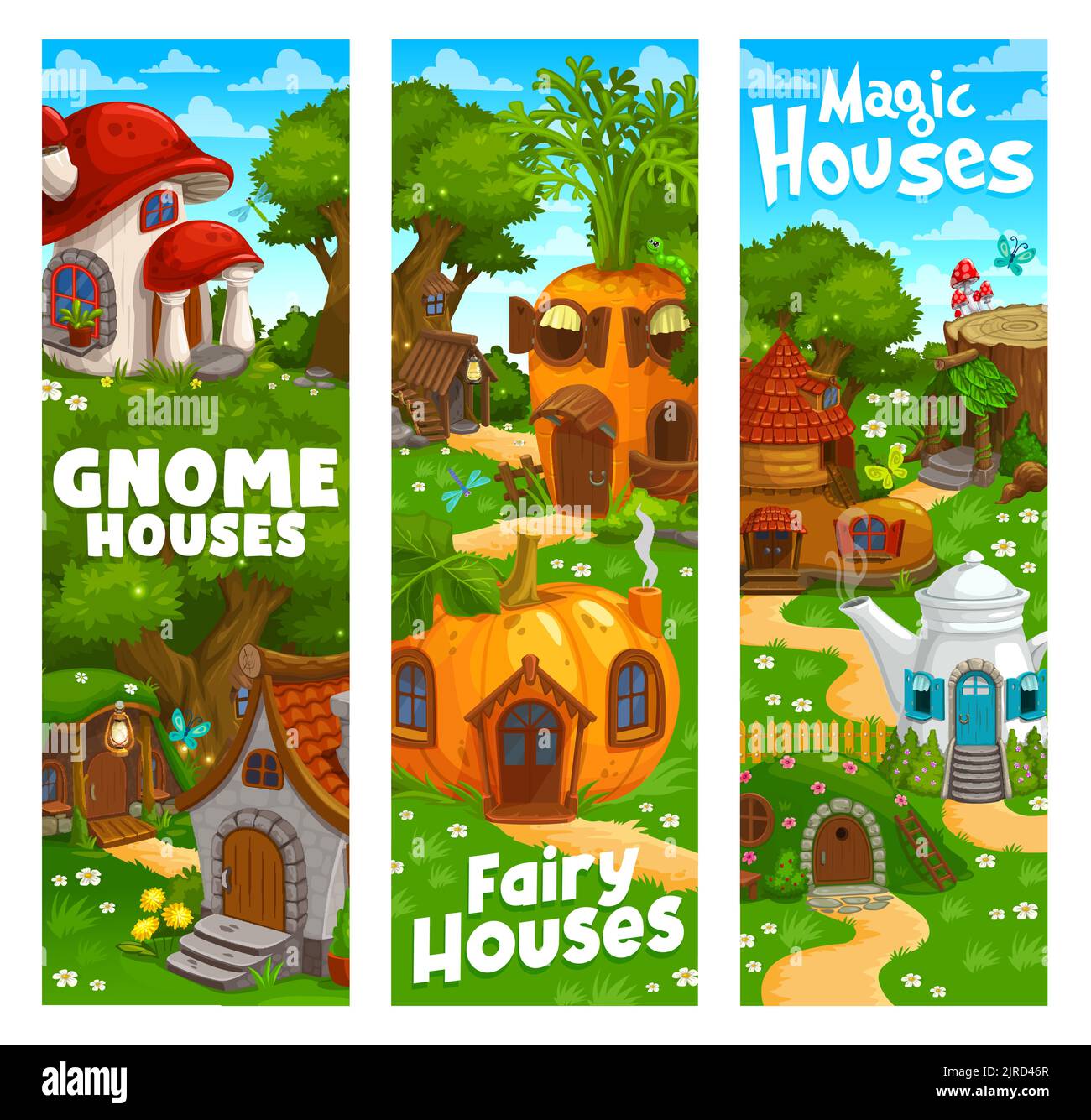 Caricatura Gnomo Y Elfo Casas O Viviendas Banners De Cuento De Hadas Vector Magia Hada