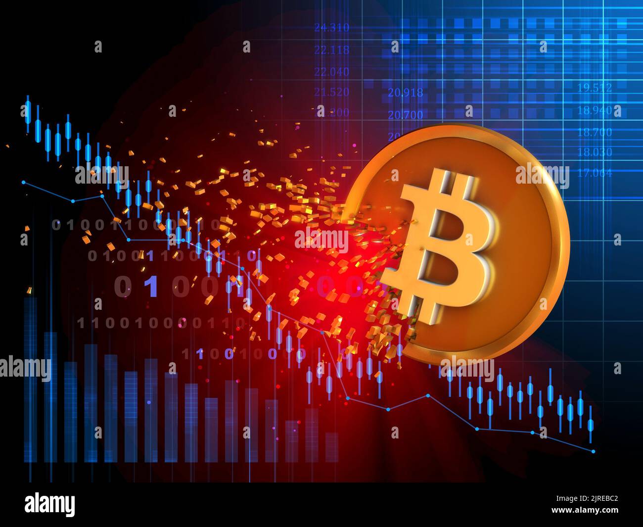 El bitcoin se desintegra a medida que cae su valor. Ilustración digital. Foto de stock