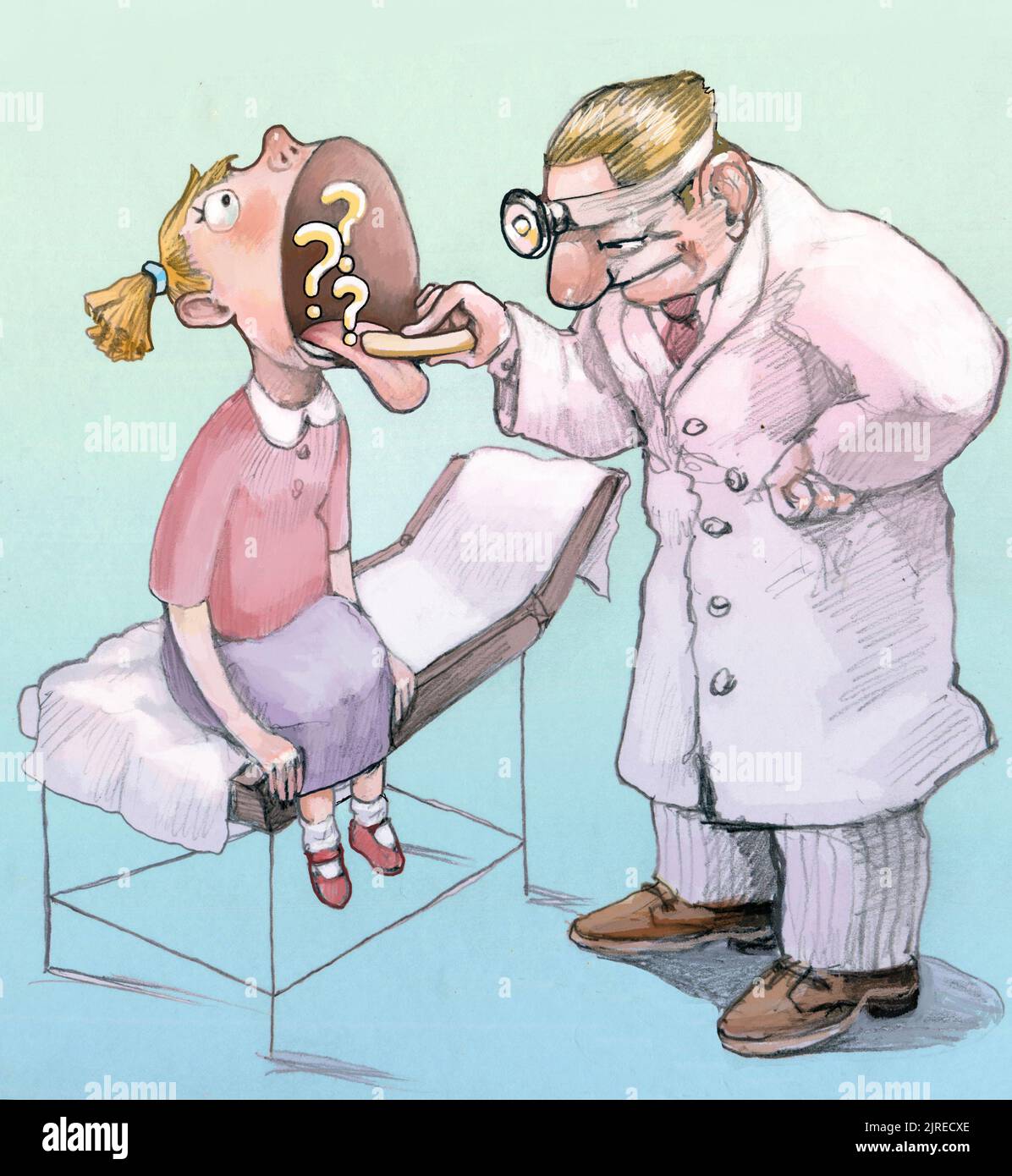 una chica visitó en una clínica dentro de la boca abierta se ve la metáfora de signos de interrogación para un chequeo médico Foto de stock
