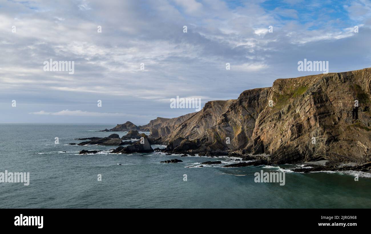Imagen panorámica de los acantilados y el mar en Hartland Quay, Devon, Inglaterra, Reino Unido. Foto de stock