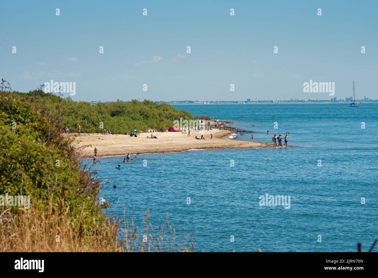 Multitudes en la playa en el parque rural de Lepe en un día caluroso y soleado de verano, Hampshire Inglaterra, Reino Unido Foto de stock