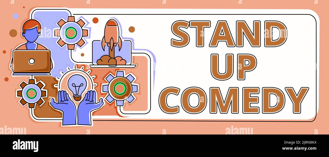 Signo de texto que muestra Stand Up Comedy. Comediante de ideas de negocios que habla ante el