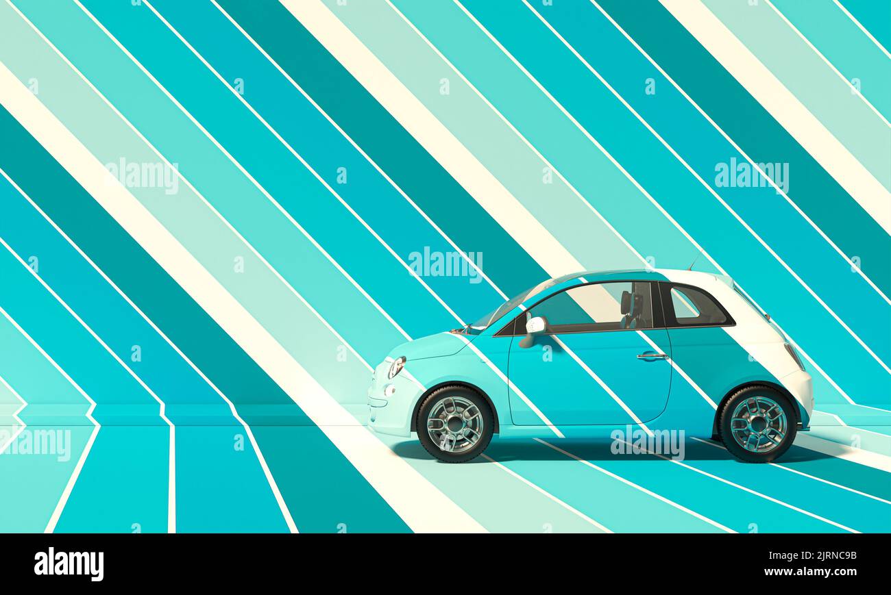 coche subcompacto de rayas de colores como fondo. representación 3d Foto de stock