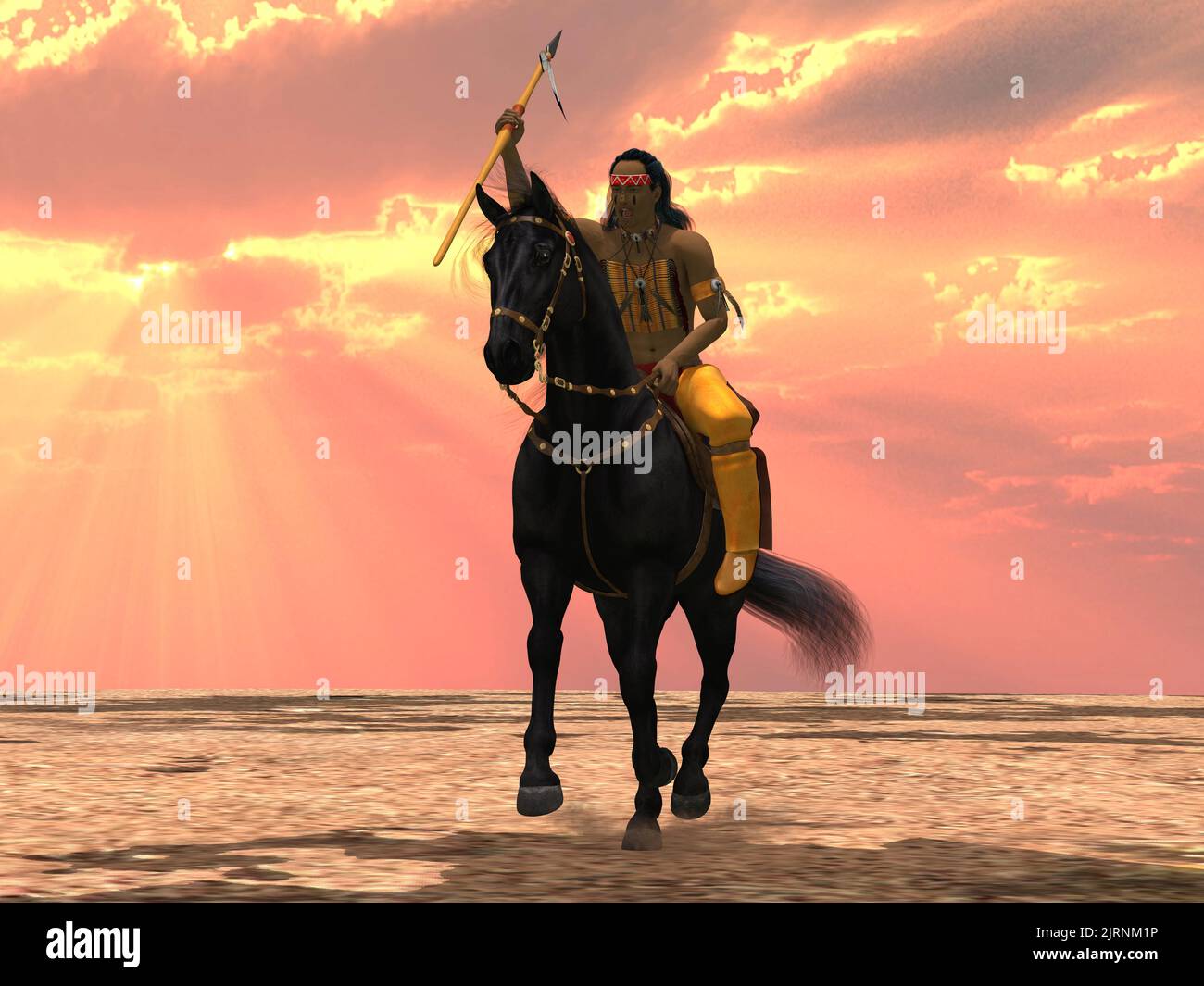 Indian the Falcon - Un indio americano monta su caballo negro en un paisaje desértico con pintura de guerra en su cara. Foto de stock