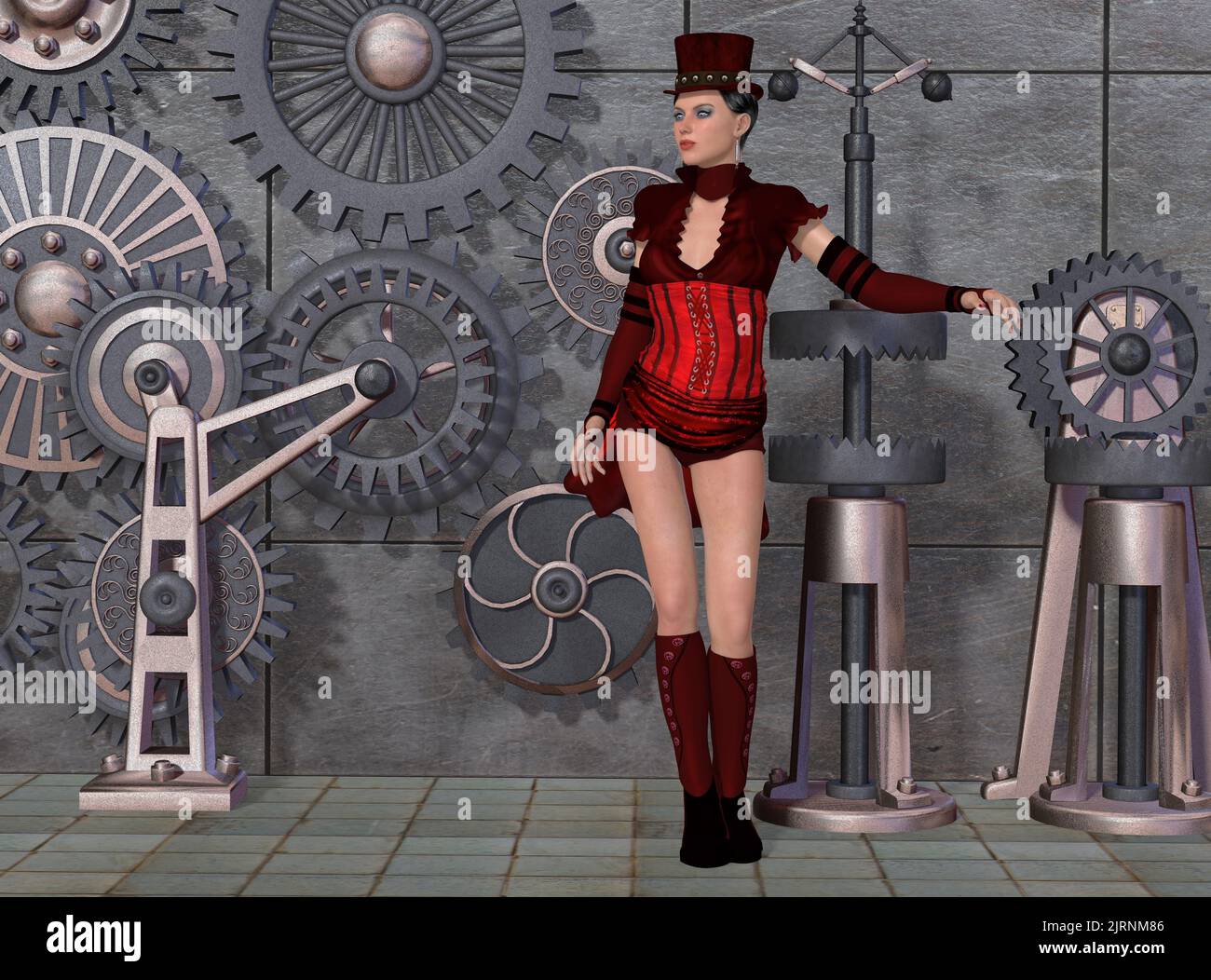 Steampunk Shyael - una mujer vestida en estilo gótico Steampunk con engranajes industriales de fondo. Foto de stock