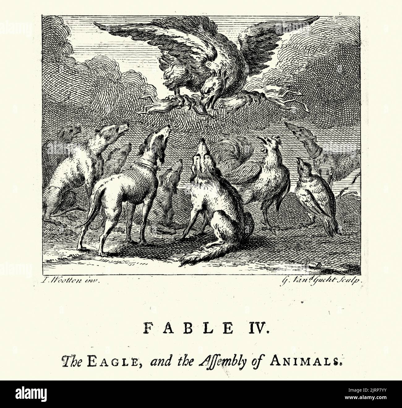 Vintage grabado del Águila y la asamblea de animales, de las fábulas de John Gay siglo 18th Foto de stock