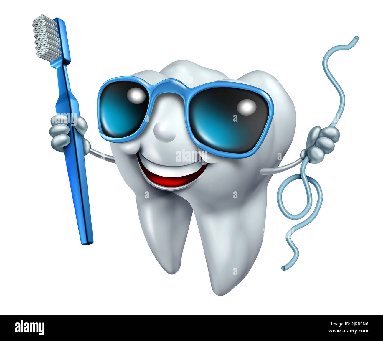 El carácter sano del diente como un dibujo animado lindo para los dientes de la limpieza y el símbolo del dentista y el símbolo de la higiene oral para cepillar y el hilo dental para prevenir. Foto de stock