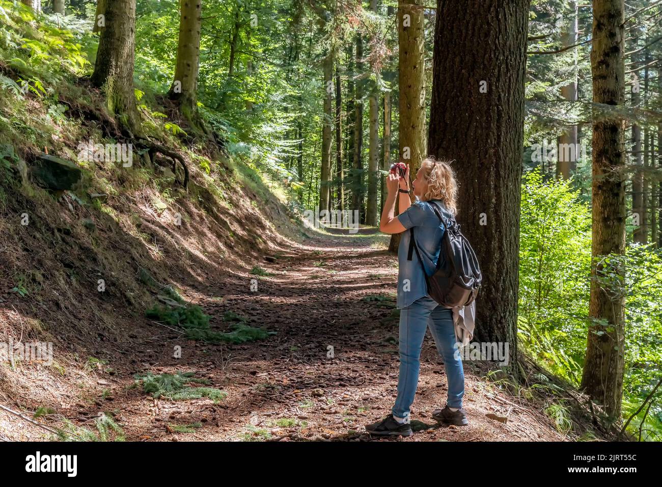 Una mujer rubia fotografía las bellezas de la reserva natural del Acquerino Cantagallo, Italia Foto de stock