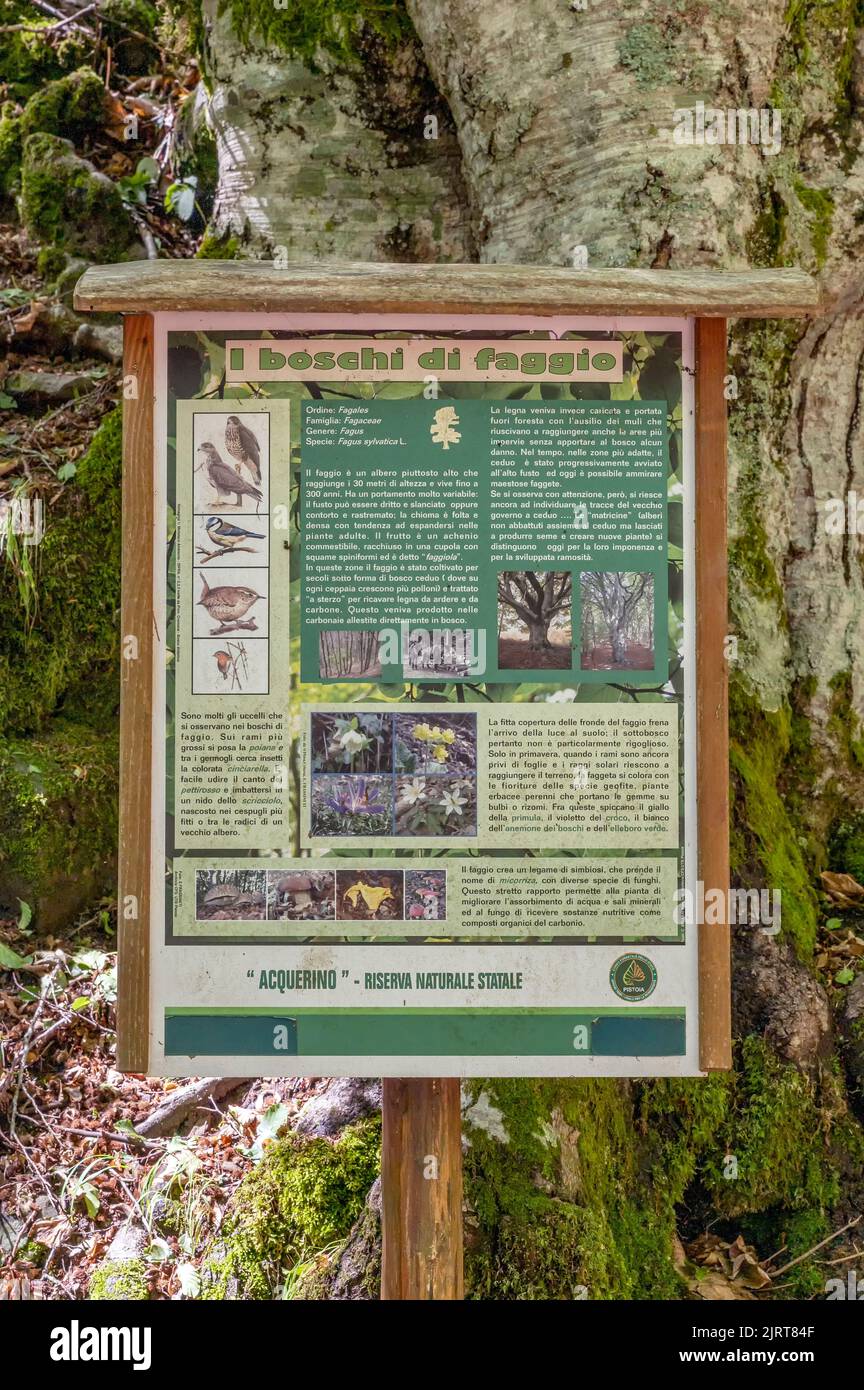 Cartel informativo en italiano dentro de la reserva natural de Acquerino Cantagallo, Italia Foto de stock