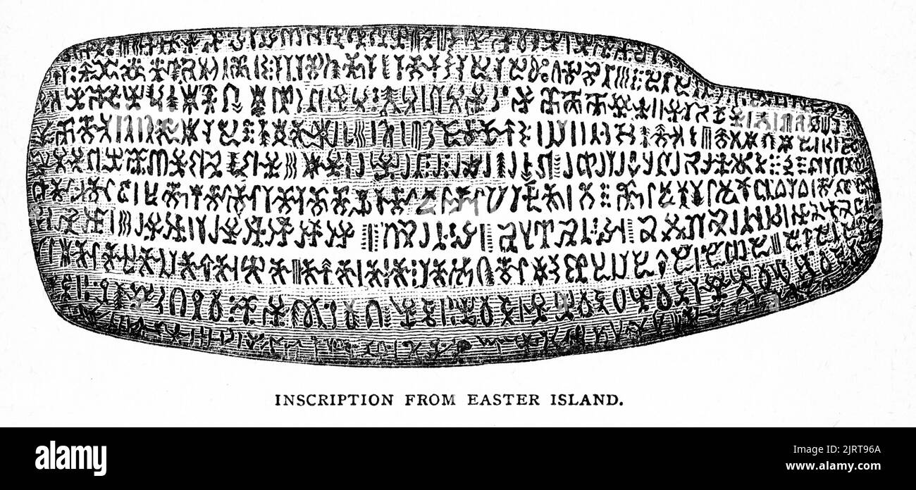 Grabado de un artefacto con una inscripción de Isla de Pascua, de Un viaje en el rayo de sol por la baronesa Anna 'Annie' Brassey (1839 – 1887), publicado en 1878 Foto de stock