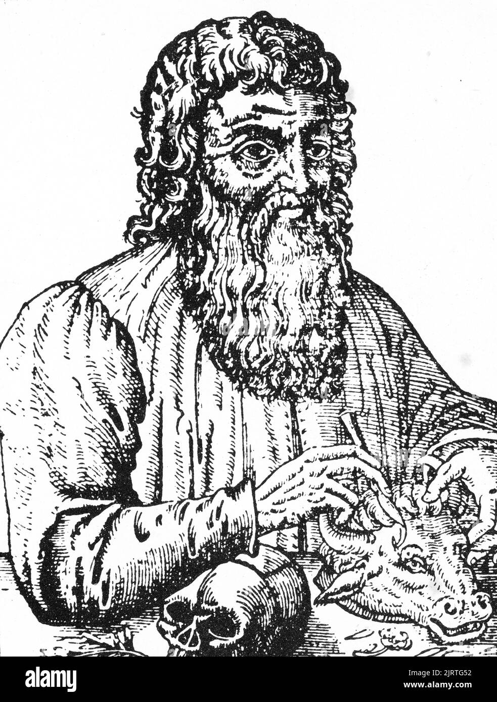 Hipócrates de Kos (c460-C370 aC), 1582. Hipócrates de Kos (c460-C370 aC), también conocido como Hipócrates II, médico griego de la época clásica. Considerado una de las figuras más destacadas de la historia de la medicina, a menudo se le conoce como el 'Padre de la Medicina'. Corte en madera de la Ópera de Ambroise Paré, 1582. Ambroise Paré (c1509-1590). Foto de stock