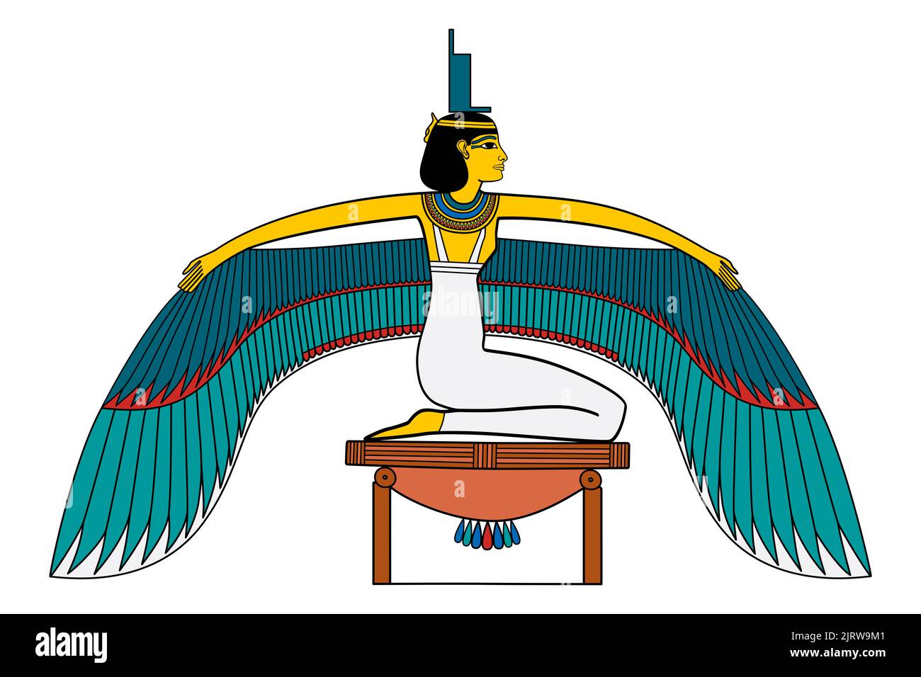 ISIS, diosa alada en la antigua religión egipcia, con el trono jeroglífico en su cabeza. En el mito y culto de Osiris resucita a su esposo Osiris. Foto de stock