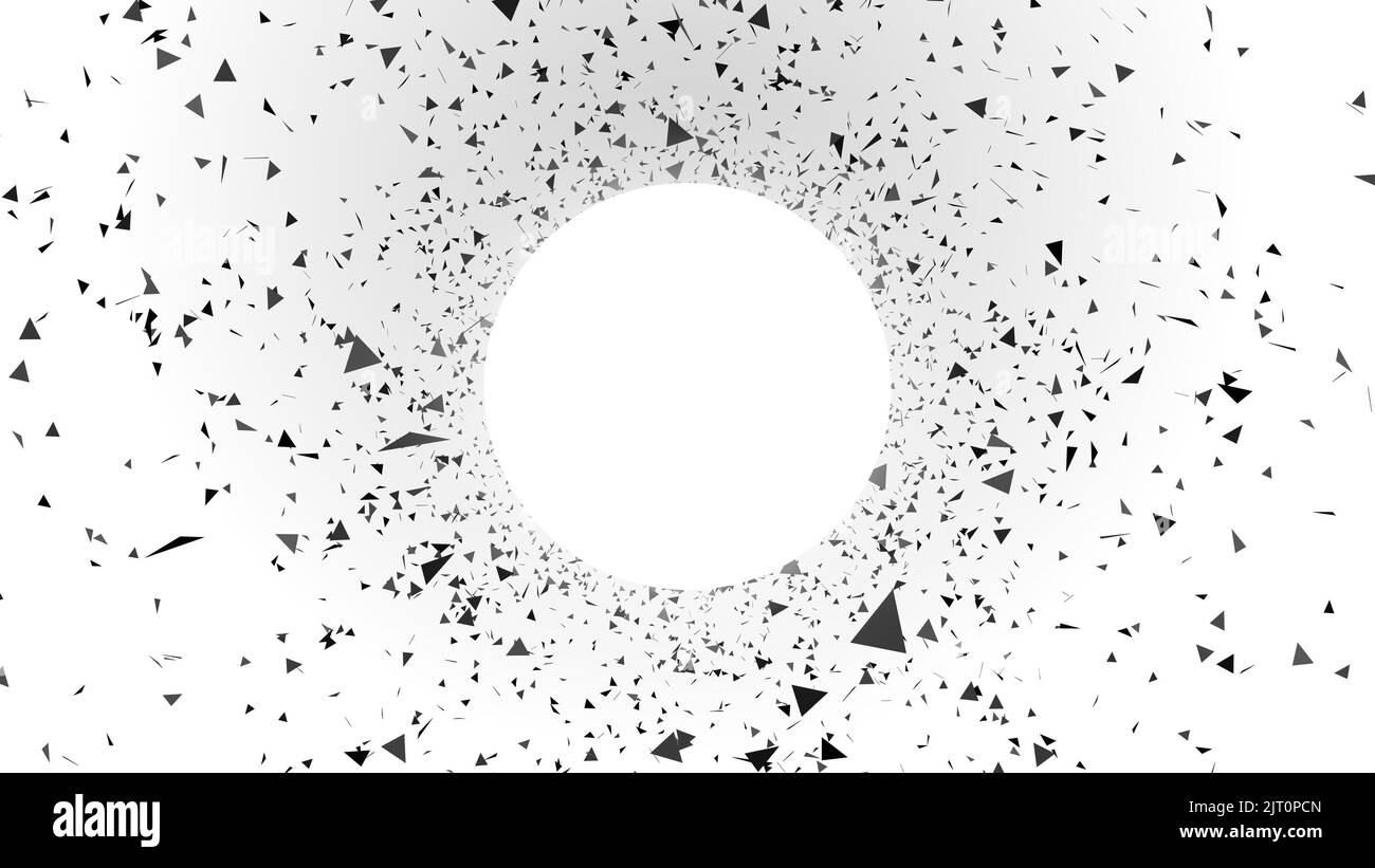 Fondo abstracto en blanco y negro con espacio de copia circular. Las partículas negras vuelan Foto de stock