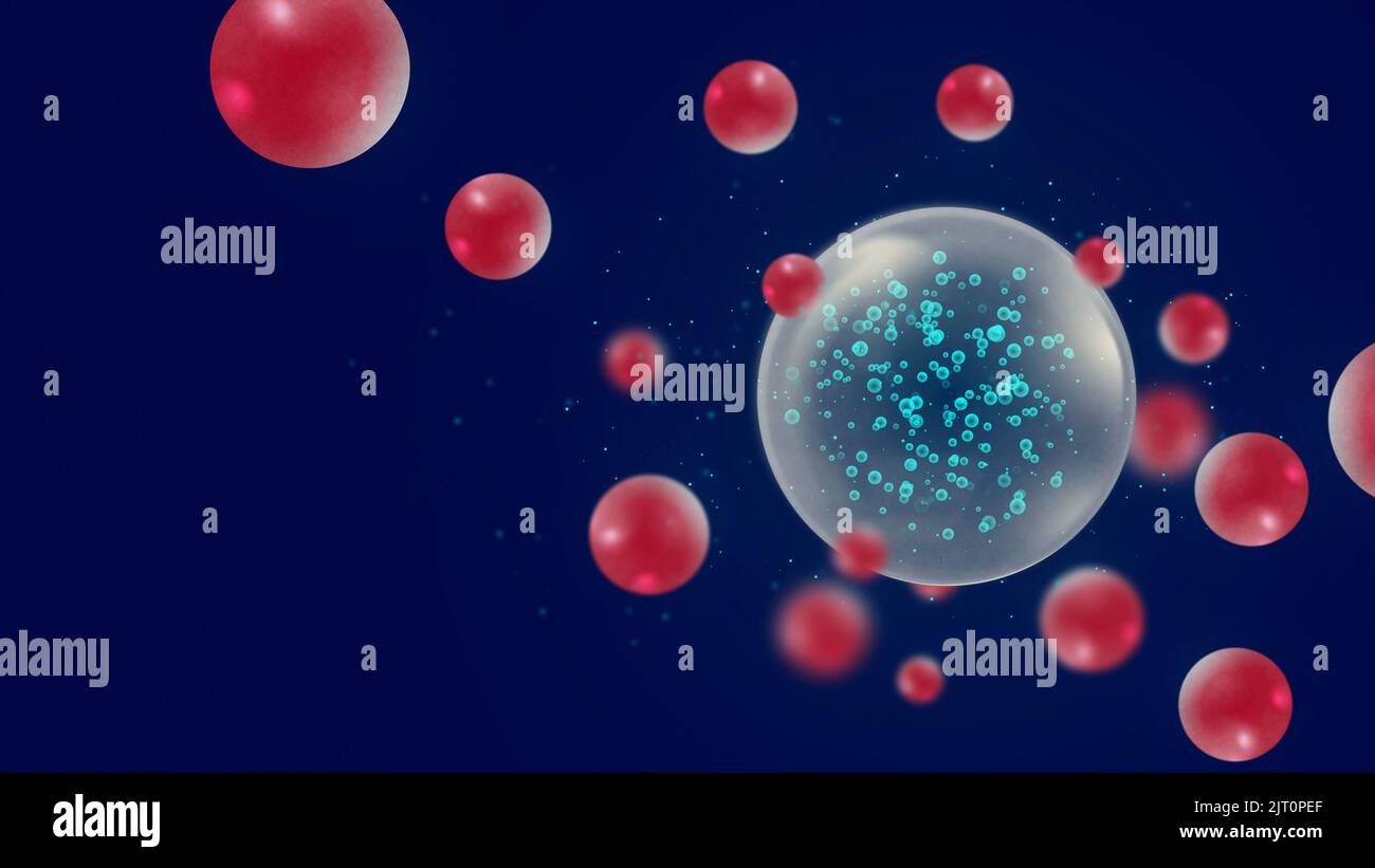 Glóbulos rojos en azul. Óvulo de huevo. Concepto biológico. Fondo de forma abstracta con espacio de copia Foto de stock